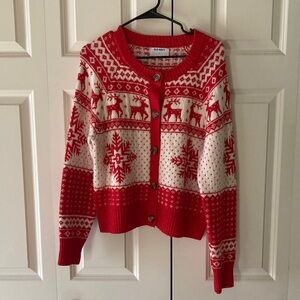 Old Navy festive holiday red & white fair isle women’s M cardigan reindeer snow